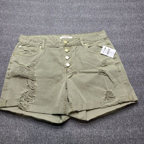 Refuge Shorts Womens 12 Green Distressed High Rise Button Fly Raw Hem Casual - Picture 1 of 7